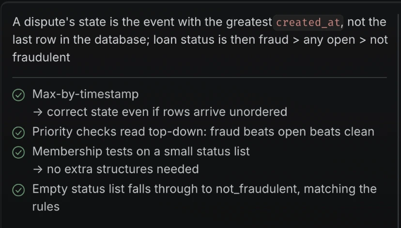 InterviewClue approach summary: a dispute’s state is the event with the greatest created_at, not the last row in the database, followed by four checked reasons