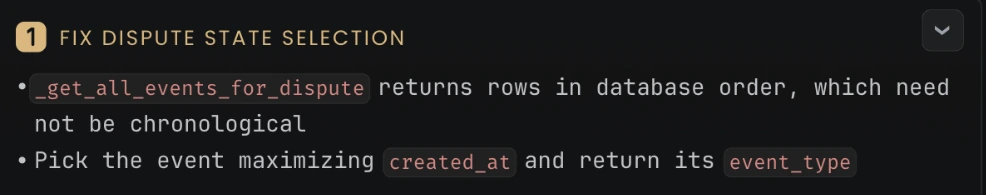 InterviewClue step 1, Fix dispute state selection: the events helper returns rows in database order, which need not be chronological