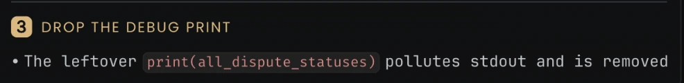 InterviewClue step 3, Drop the debug print: the leftover print pollutes stdout and is removed