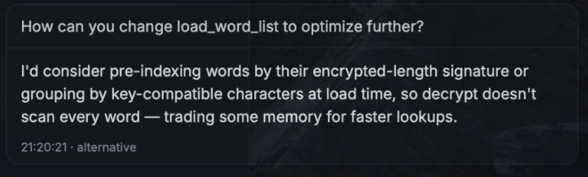 InterviewClue discussion view: How can you change load_word_list to optimize further, answered with pre-indexing words by their encrypted-length signature